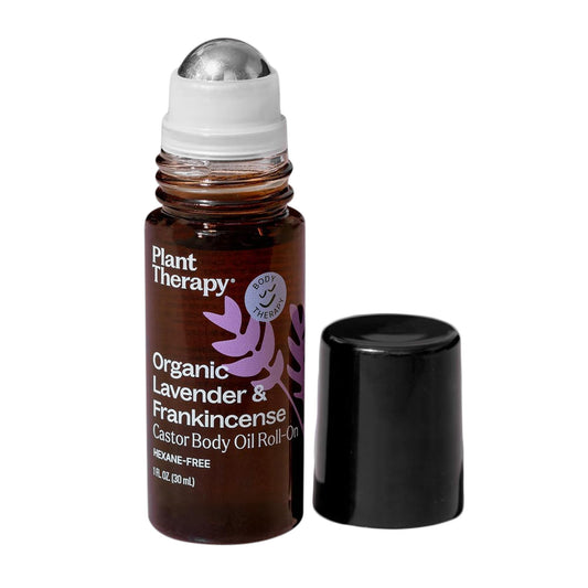 Plant Therapy Lavender and Frankincense Castor Roll-On bottle for on-the-go hydration.