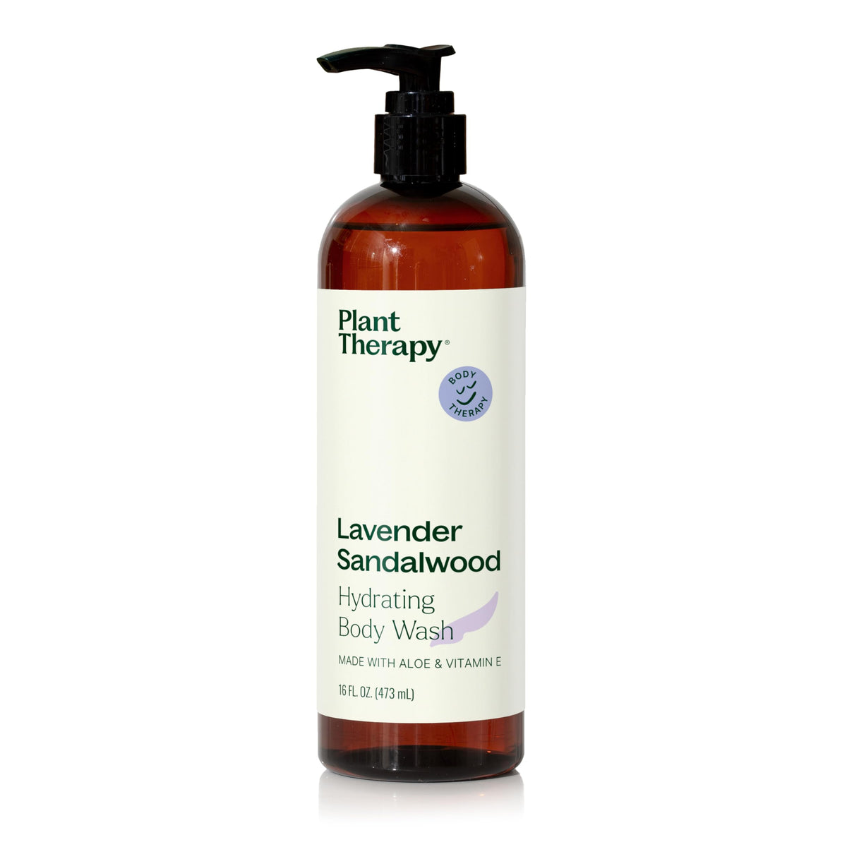 Plant Therapy Lavender Sandalwood body wash bottle front showing calming blend for all skin types