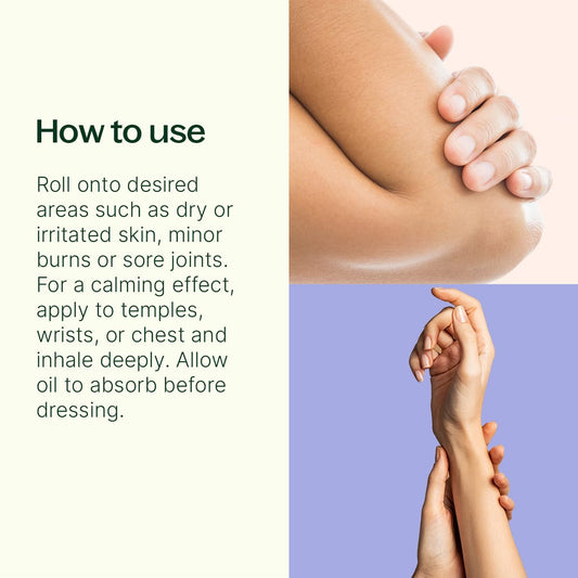 Plant Therapy roll-on applied to temple for calming aroma.