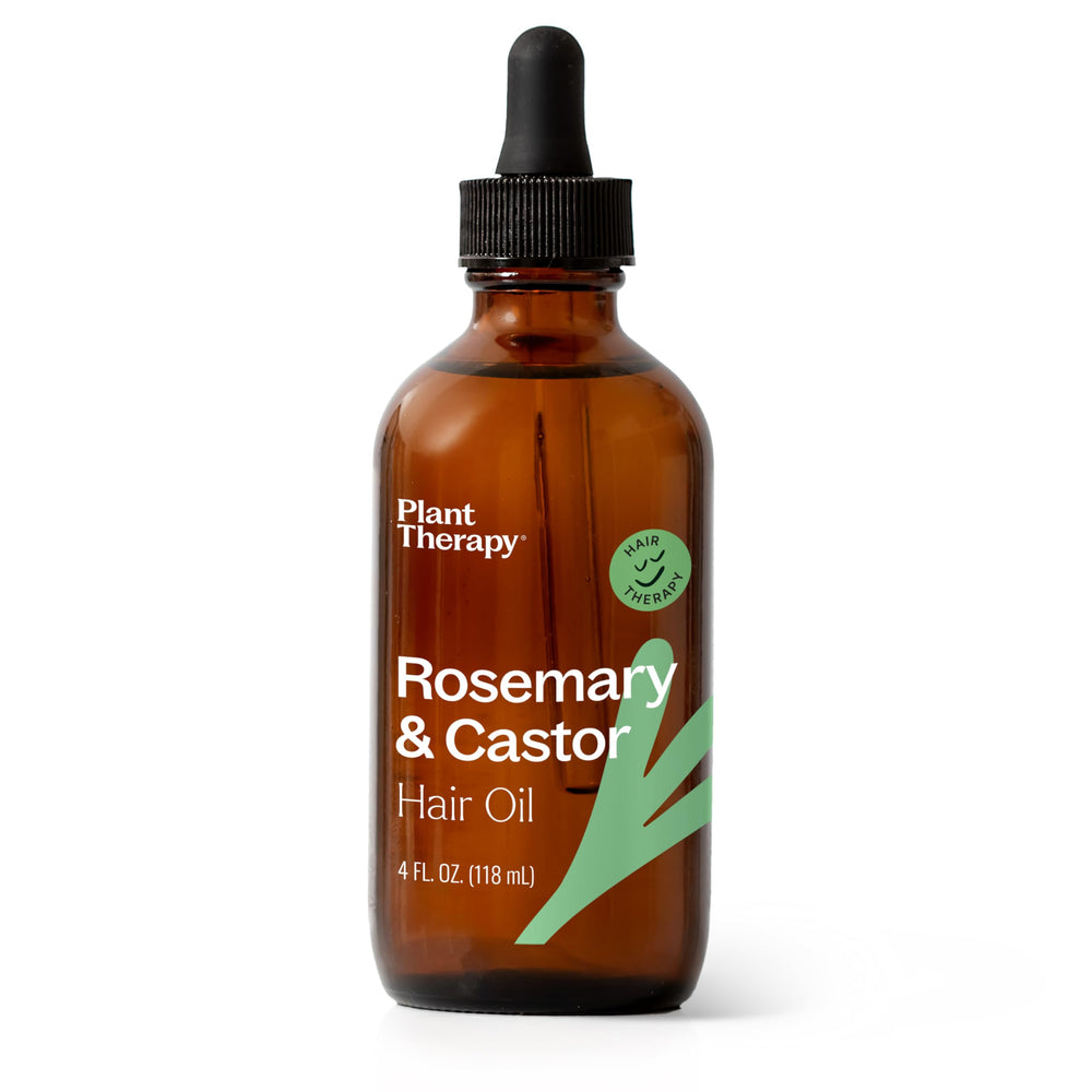 Plant Therapy Rosemary & Castor Oil bottle for scalp nourishment and fuller-looking hair.