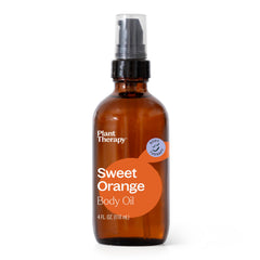 Plant Therapy Sweet Orange Body Oil bottle highlights fresh citrus aroma for mood lift.