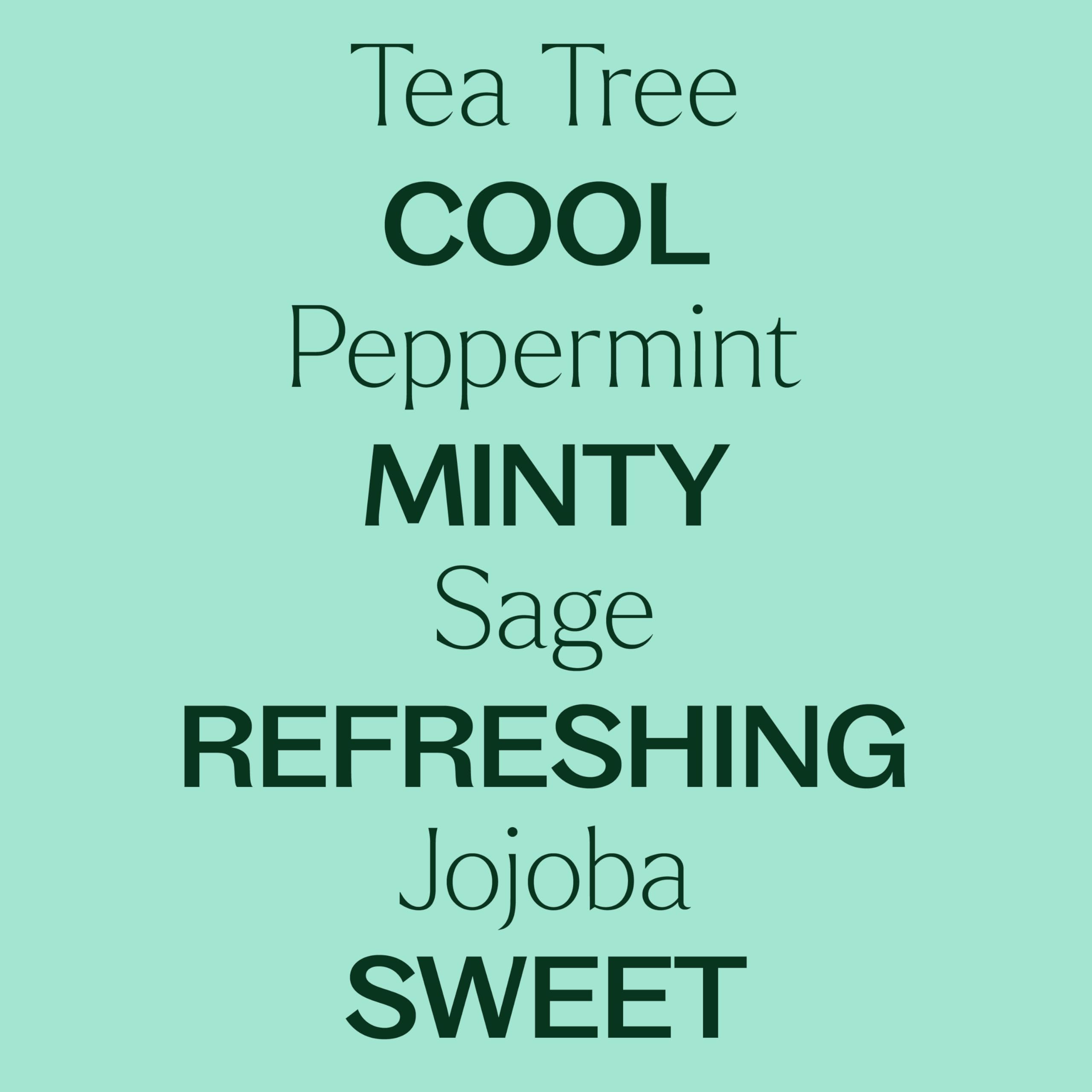 Label highlights Tea Tree and Peppermint oils for a cleansing aroma.