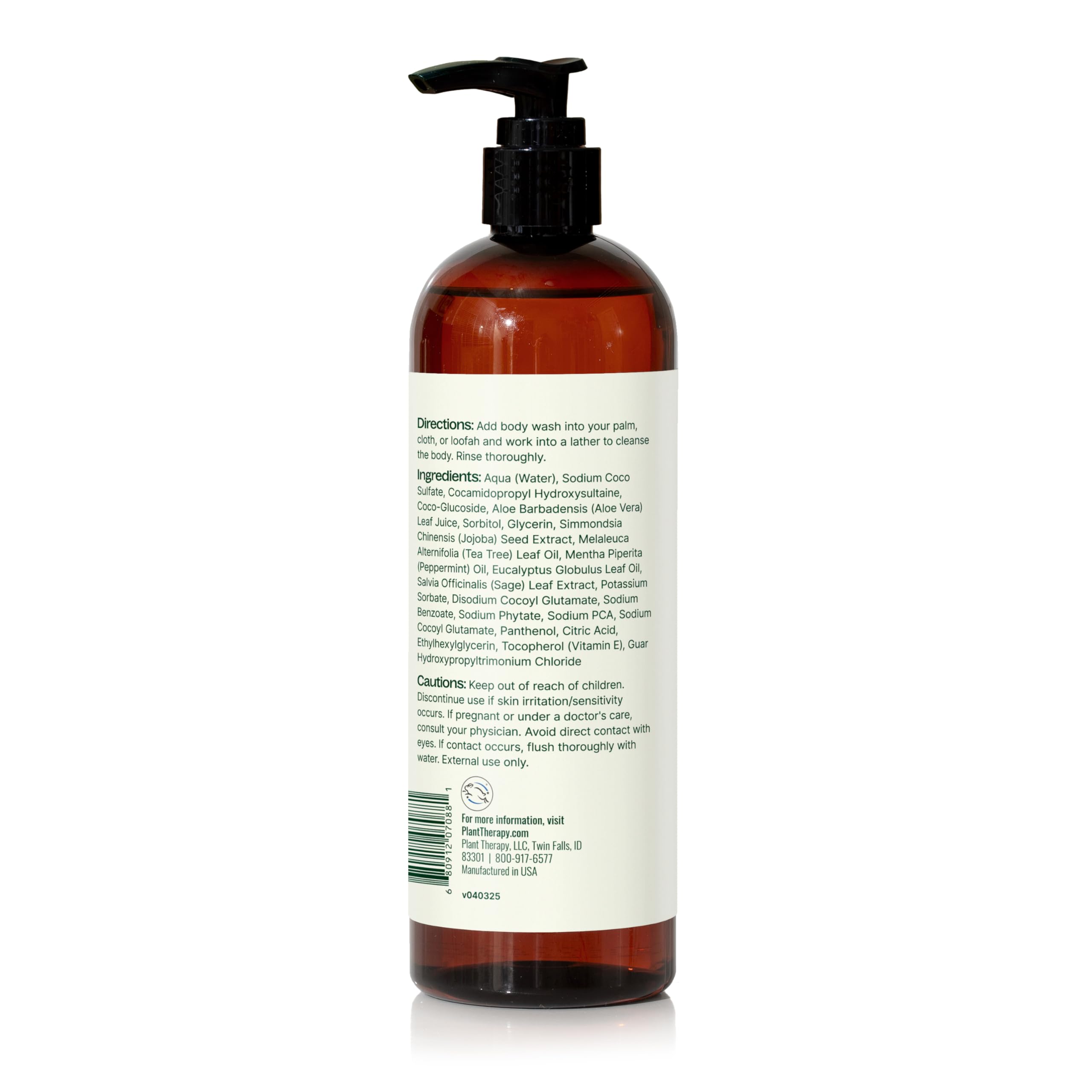 Close-up of label shows Tea Tree and Peppermint oils for cleansing and refreshing aroma.