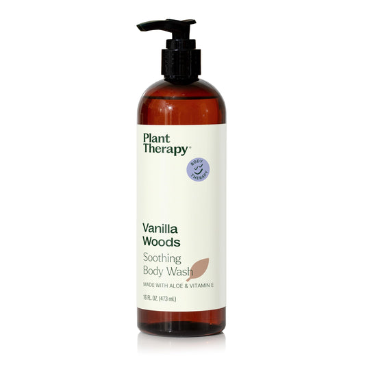 Plant Therapy Vanilla Woods Body Wash bottle showing inviting scent and hydrating formula.