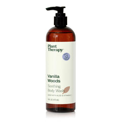 Plant Therapy Vanilla Woods Body Wash bottle showing inviting scent and hydrating formula.