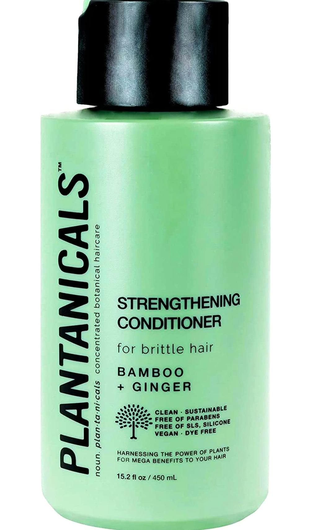 Plantanicals bottle front with bamboo-ginger imagery suggesting gentle, everyday hair care.