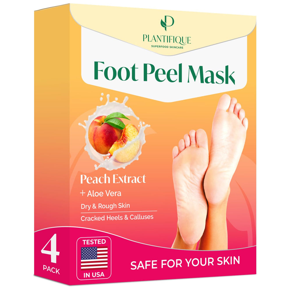 PLANTIFIQUE Foot Peeling Mask 4 Pack closeup for peach scented exfoliation and smooth feet