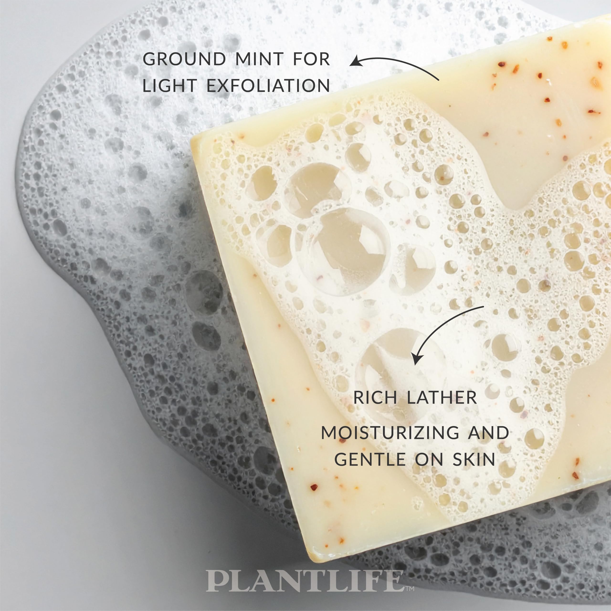 Plantlife Double Mint bar soap ingredients with herbs shown for natural plant-based blend.