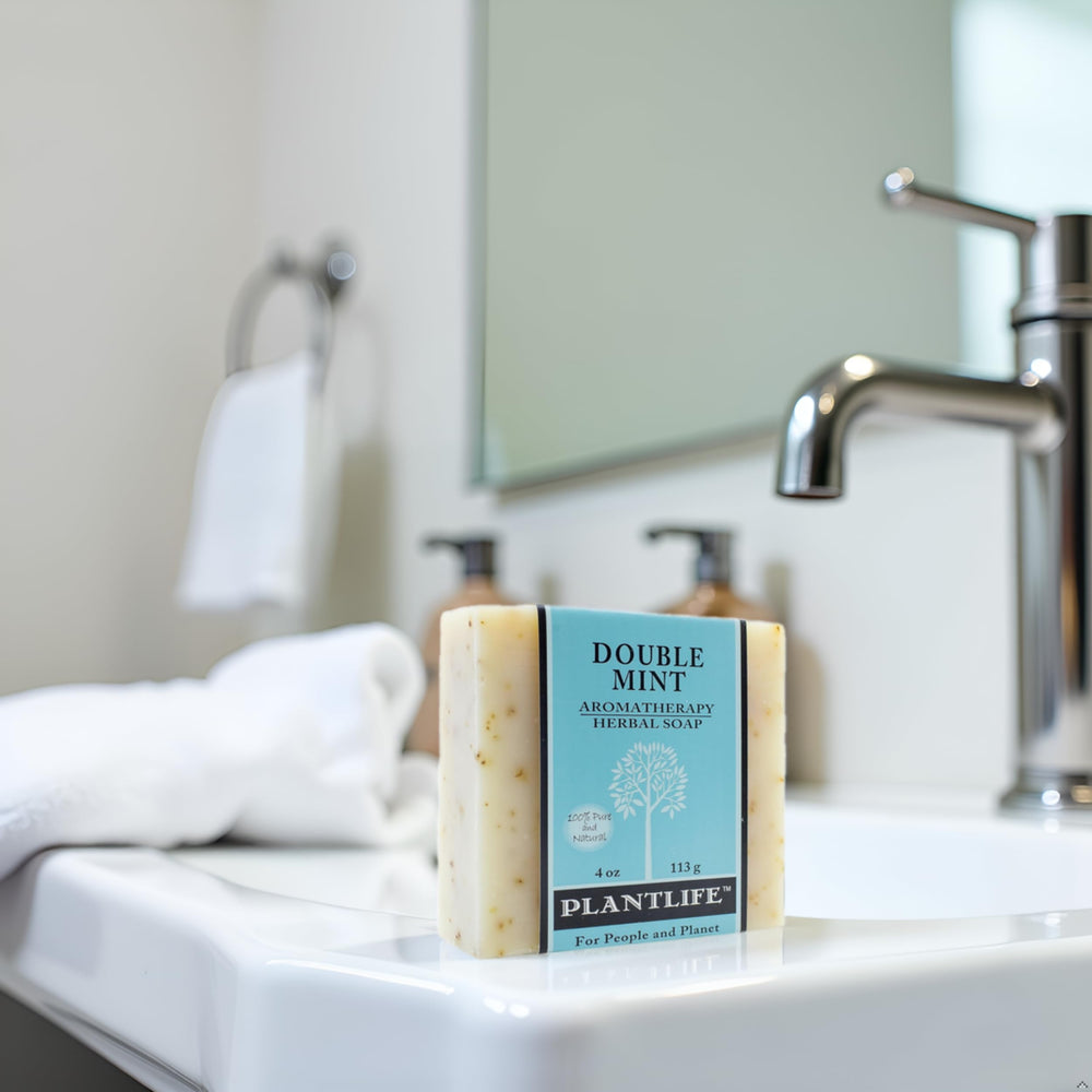 Plantlife Double Mint bar soap lather closeup highlighting minty, moisturizing feel.