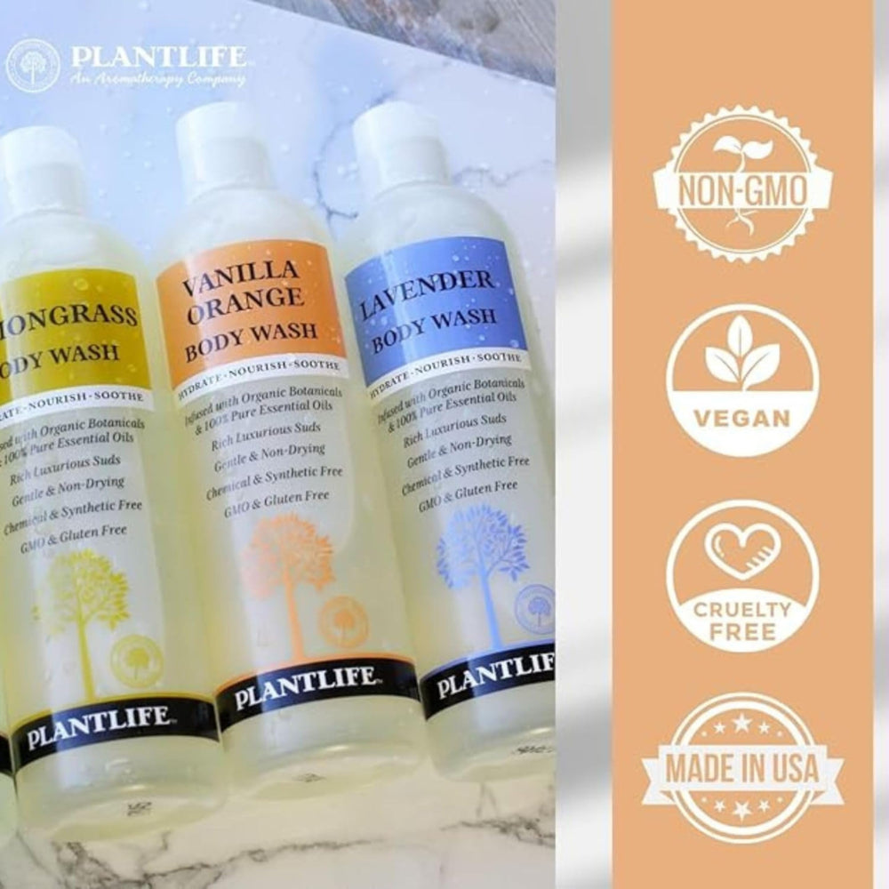Close-up of Plantlife Lemongrass Body Wash ingredients highlighting natural herbs and essential oils