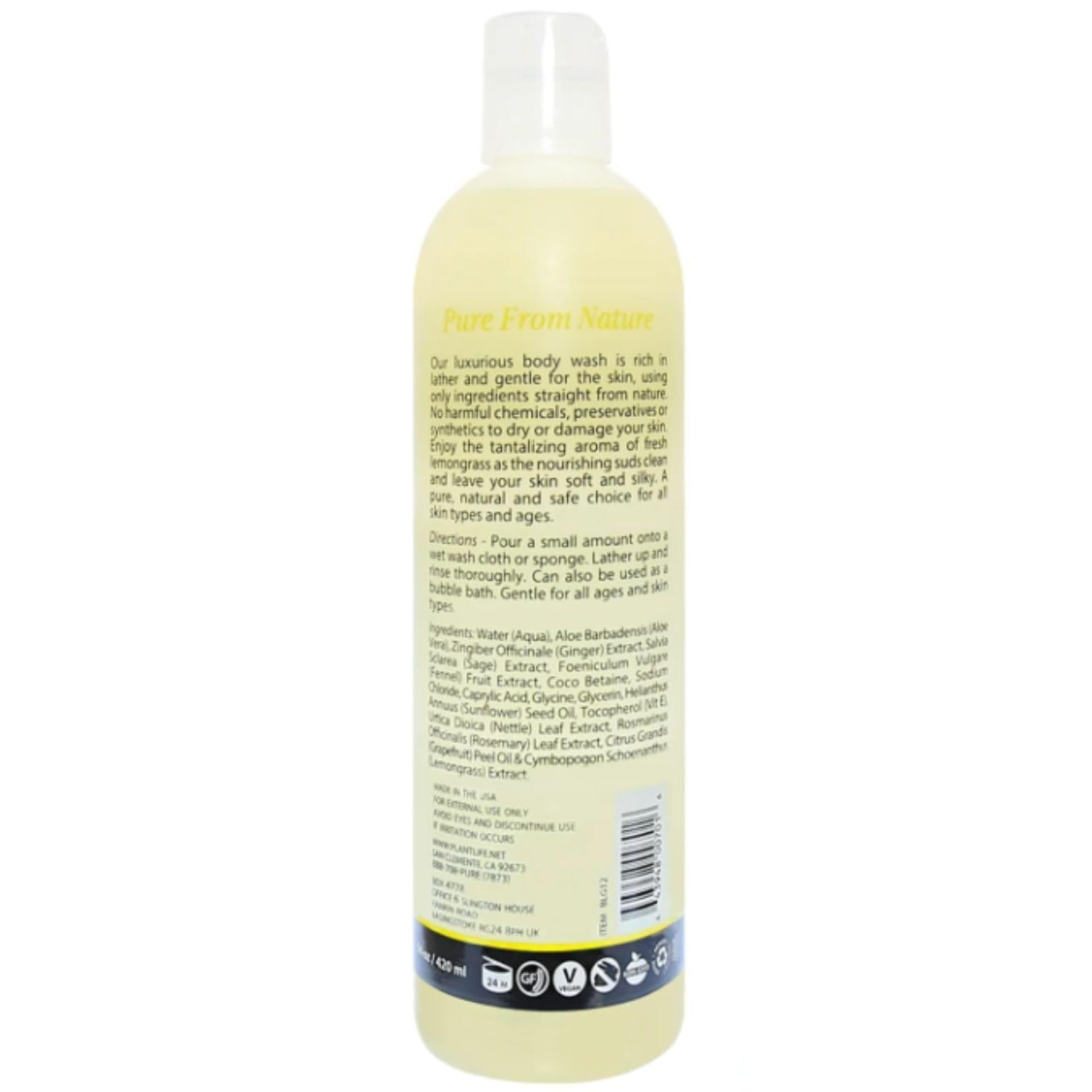 Plantlife Lemongrass Body Wash label showing gluten-free and GMO-free assurances