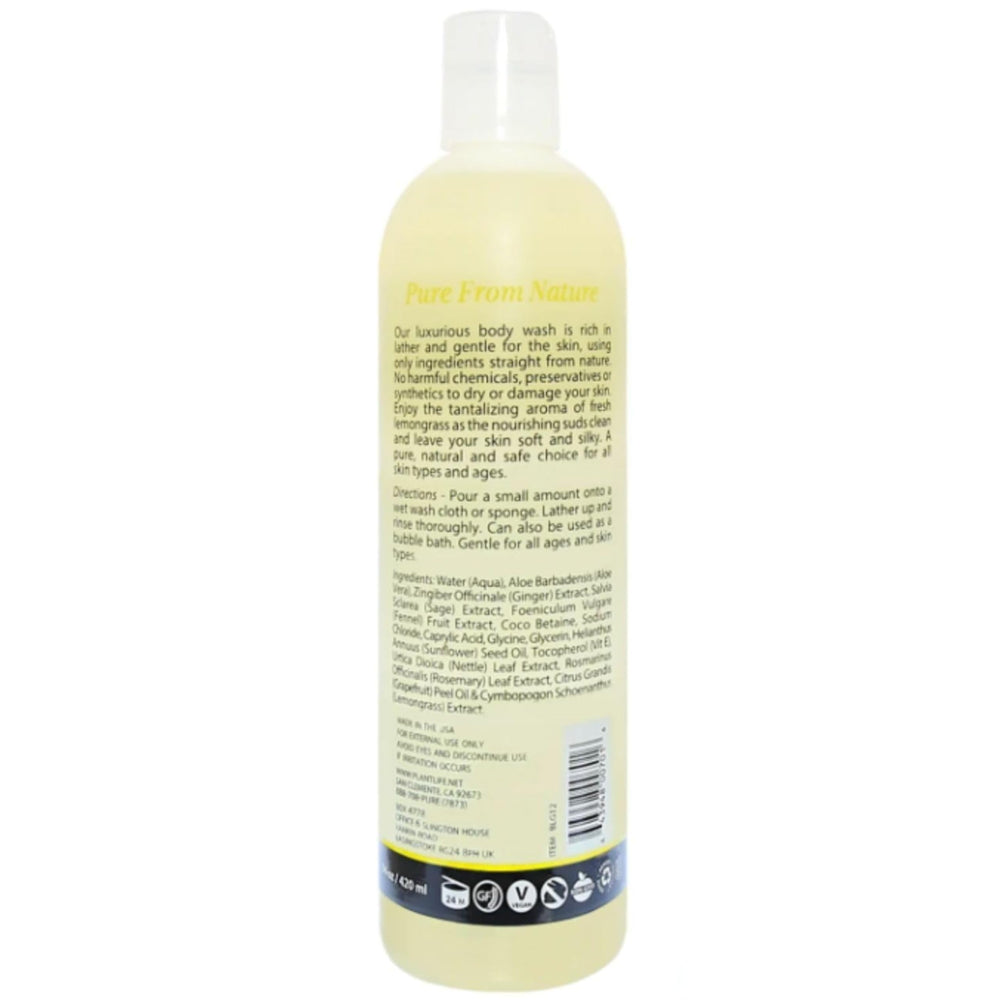 Plantlife Lemongrass Body Wash label showing gluten-free and GMO-free assurances