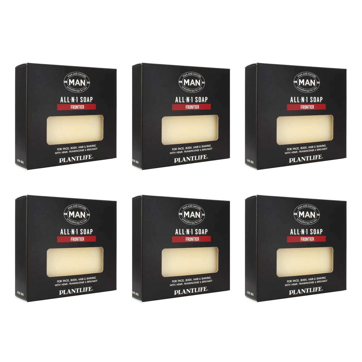 Plantlife Man and Nature six-bar soap pack on display for daily moisturizing.