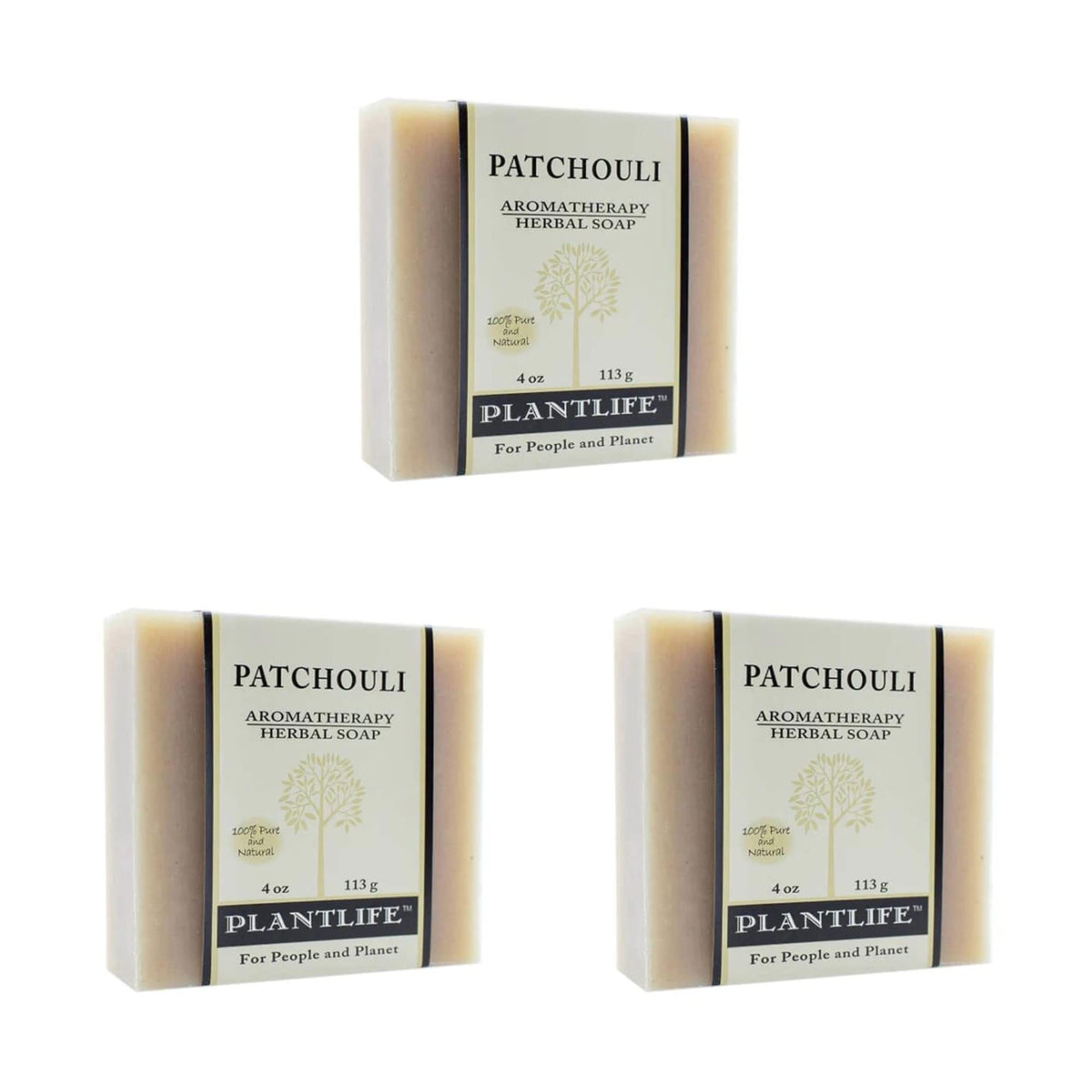 Plantlife Patchouli 3-Pack Bar Soap close-up showing earthy aroma and rich lather.