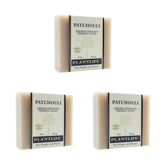 Plantlife Patchouli 3-Pack Bar Soap close-up showing earthy aroma and rich lather.