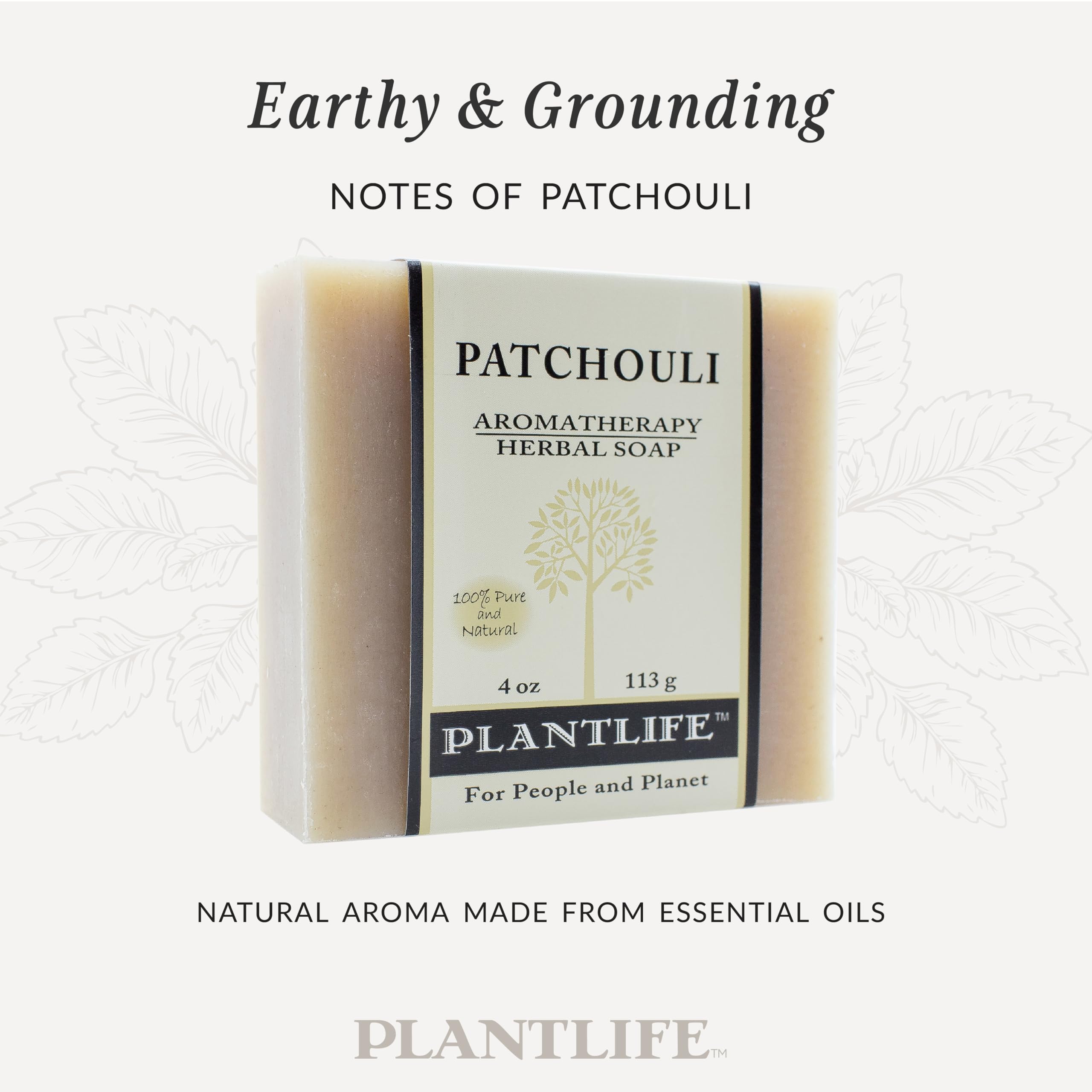 Plantlife Patchouli 3-Pack Bar Soap ingredients highlight plant-based oils and botanicals.