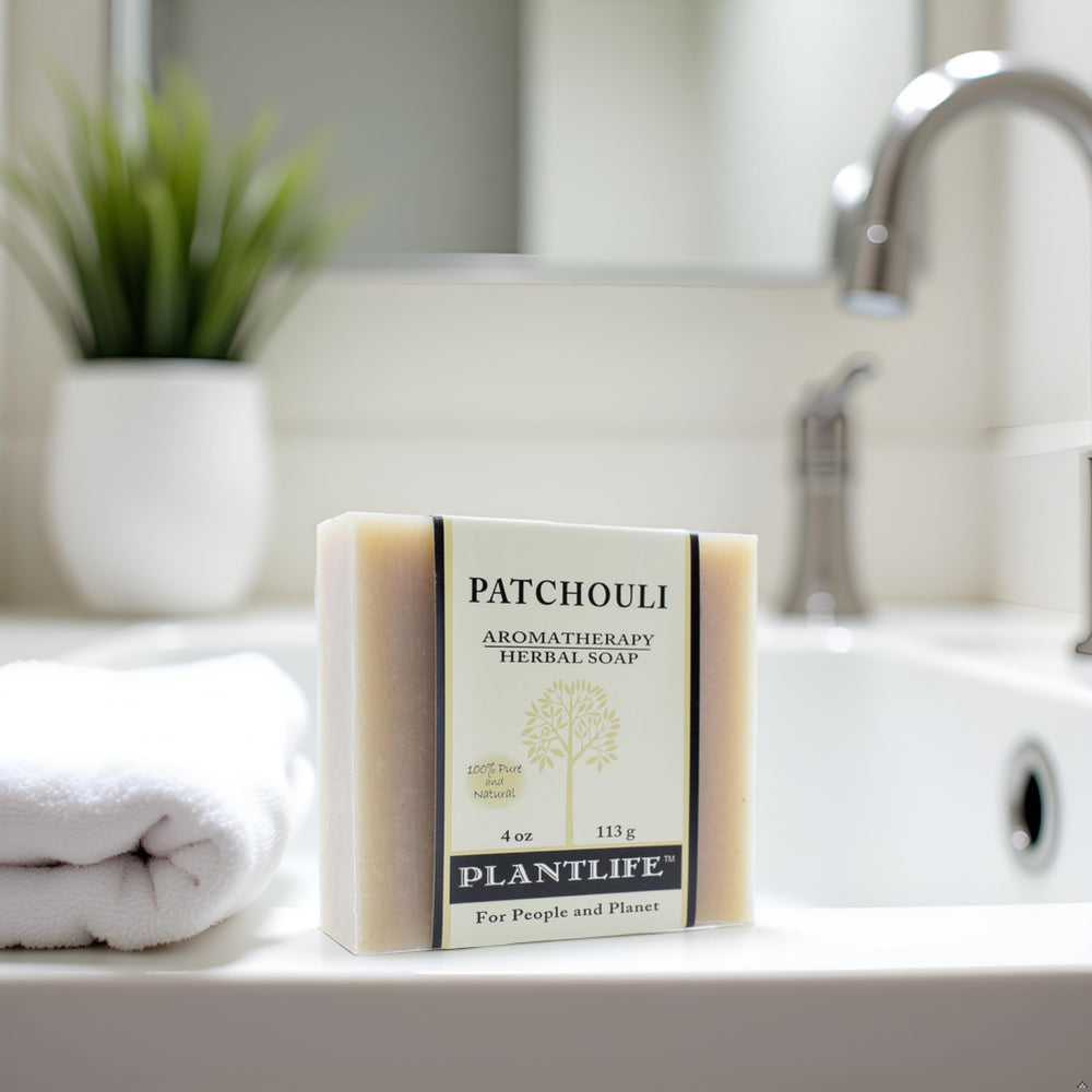 Plantlife Patchouli 3-Pack Bar Soap stack for daily use.