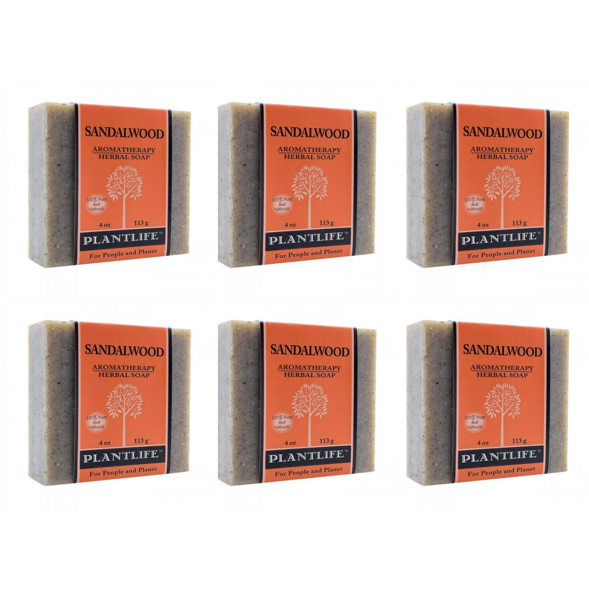 Plantlife Sandalwood 6-Pack Bar Soap pack with moisturizing lather and warm aroma.