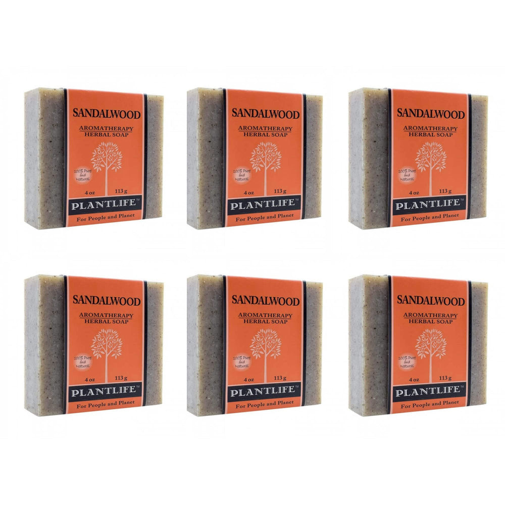 Plantlife Sandalwood 6-Pack Bar Soap pack with moisturizing lather and warm aroma.
