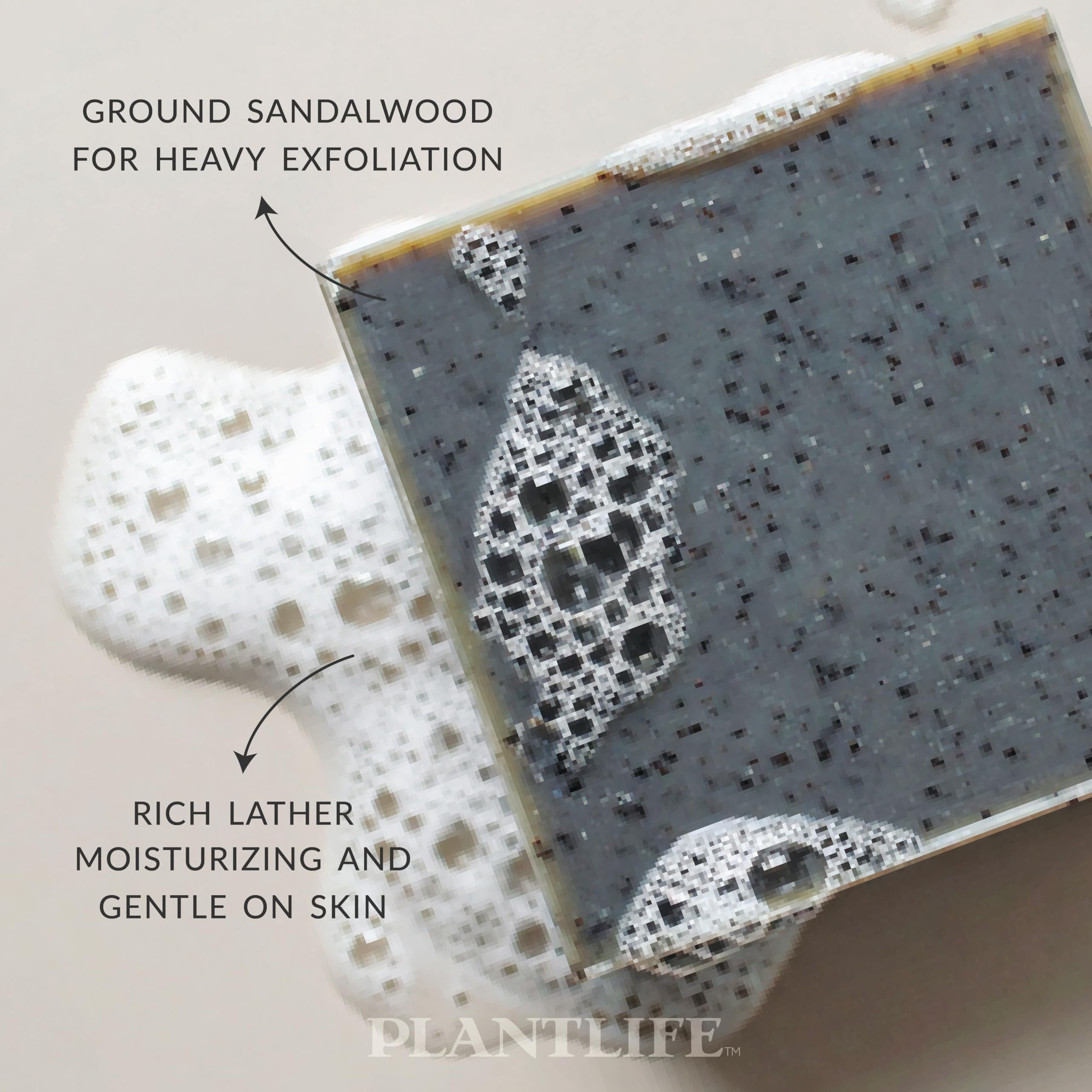 Plantlife sandalwood bar soap closeup highlights plant-based ingredients.