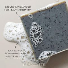 Plantlife sandalwood bar soap closeup highlights plant-based ingredients.