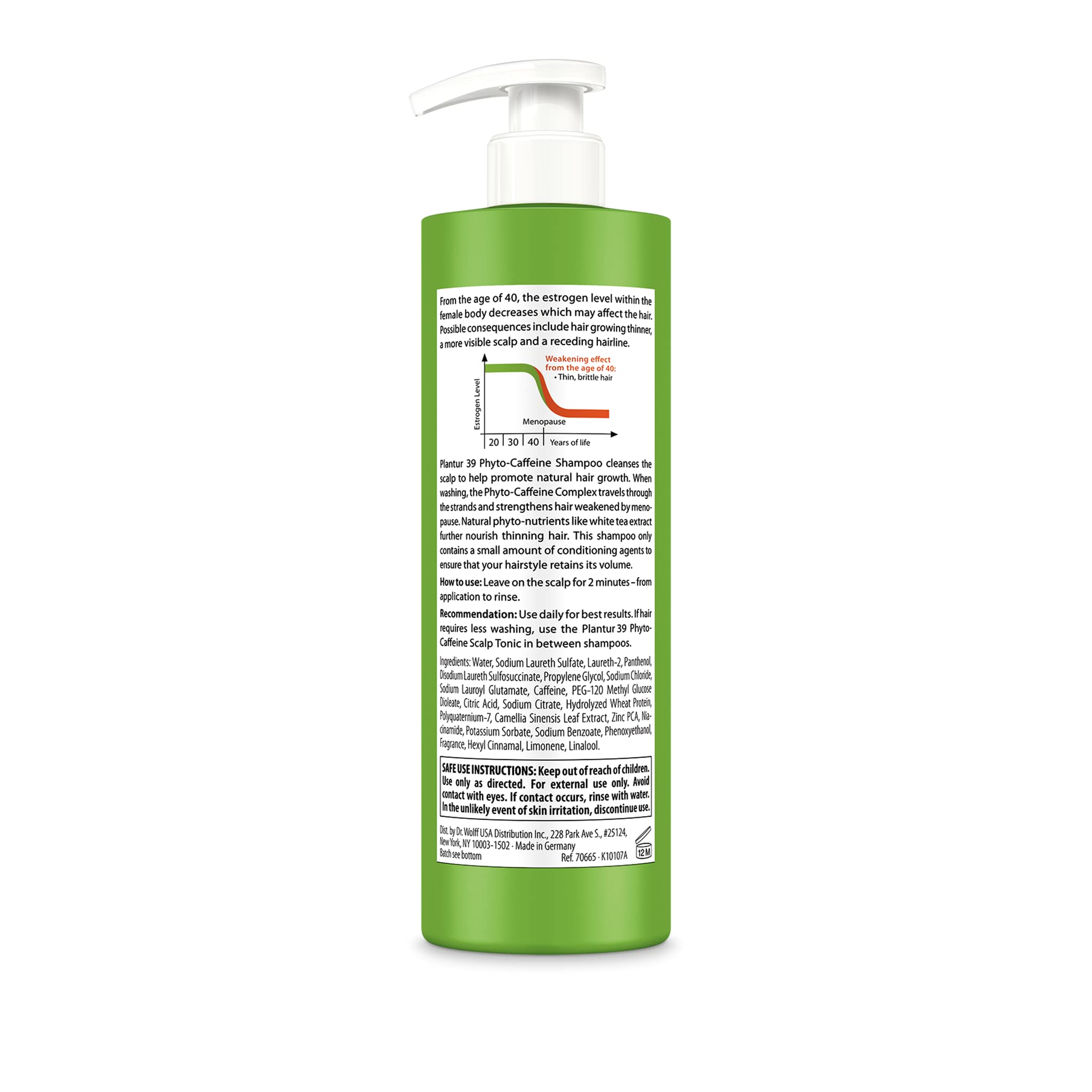 Plantur 39 bottle with ingredient label highlighting caffeine and zinc for scalp nourishment