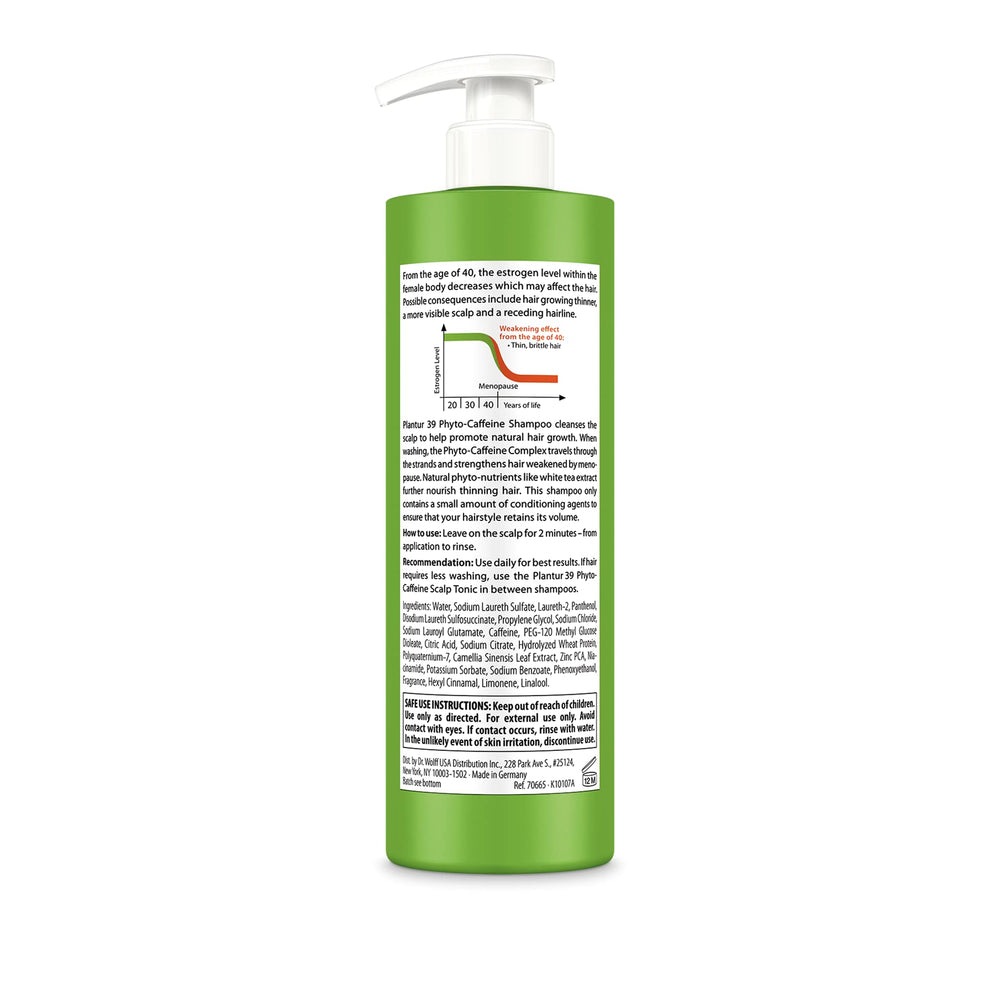 Plantur 39 bottle with ingredient label highlighting caffeine and zinc for scalp nourishment