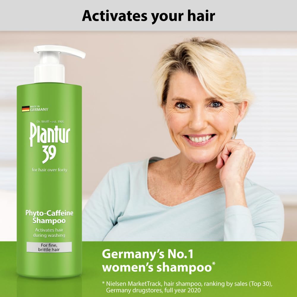 Plantur 39 shampoo on bathroom shelf for daily care of fine hair