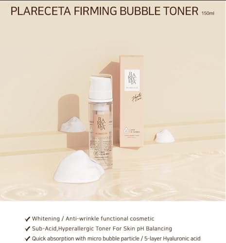 PLARECETA Firming Bubble Toner label close-up conveys premium skincare design.