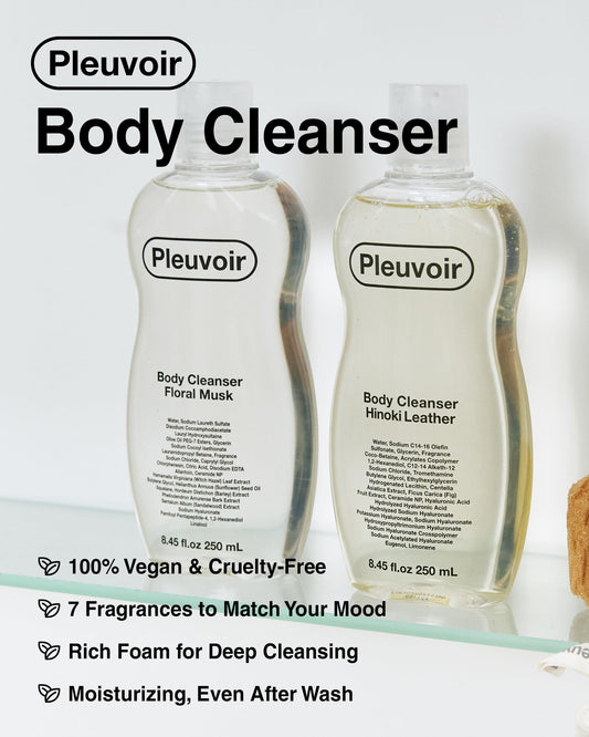 Pleuvoir Hinoki Leather Body Wash rich foam emphasizes deep hydration during shower.