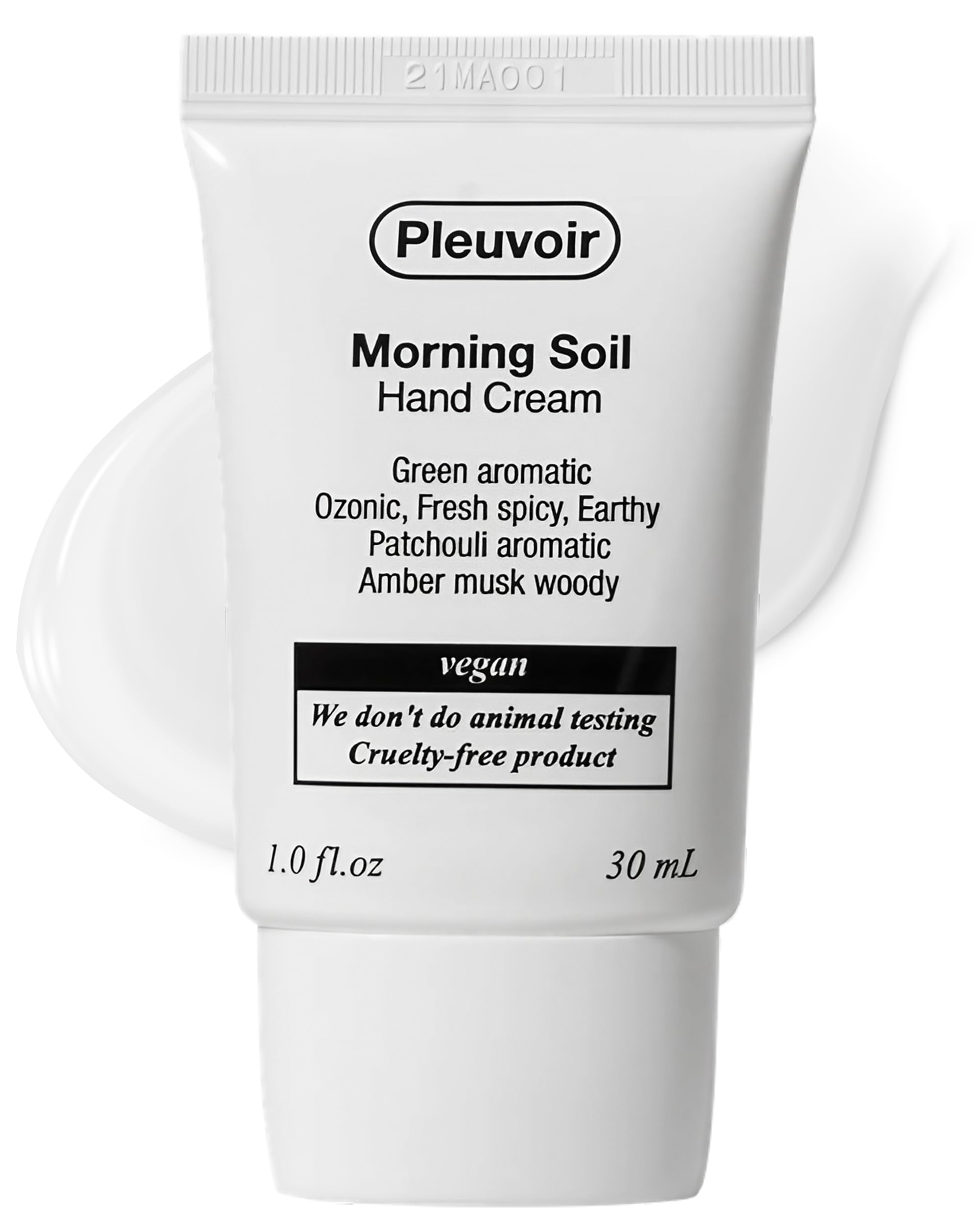 Pleuvoir Morning Soil hand cream bottle showing earthy ozonic scent and hydration.