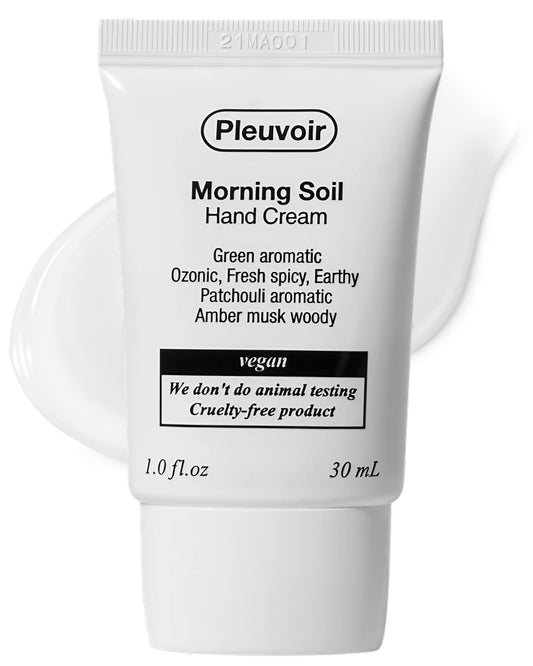 Pleuvoir Morning Soil hand cream bottle showing earthy ozonic scent and hydration.