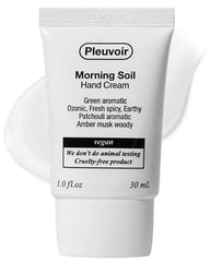 Pleuvoir Morning Soil hand cream bottle showing earthy ozonic scent and hydration.