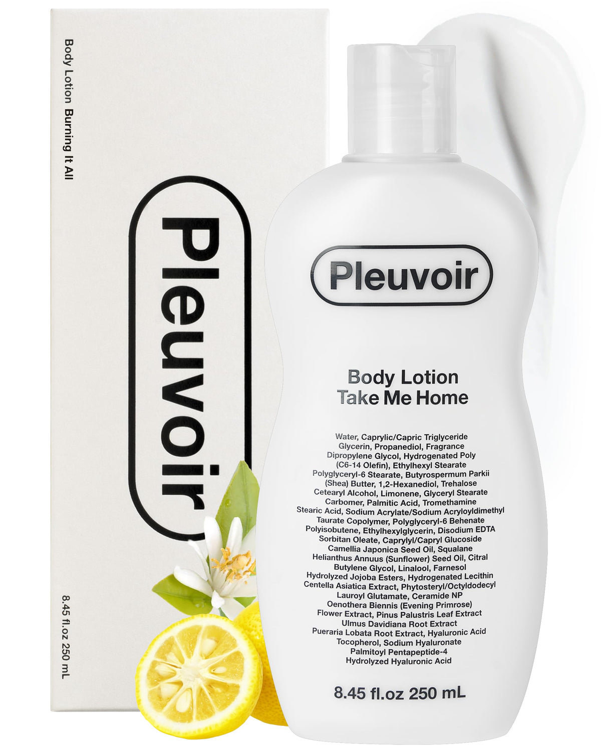 Pleuvoir Take Me Home body lotion bottle for daily hydration and a citrus floral scent.
