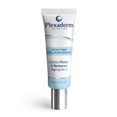 Plexaderm Night Time Collagen Serum bottle for overnight skin care and radiance.