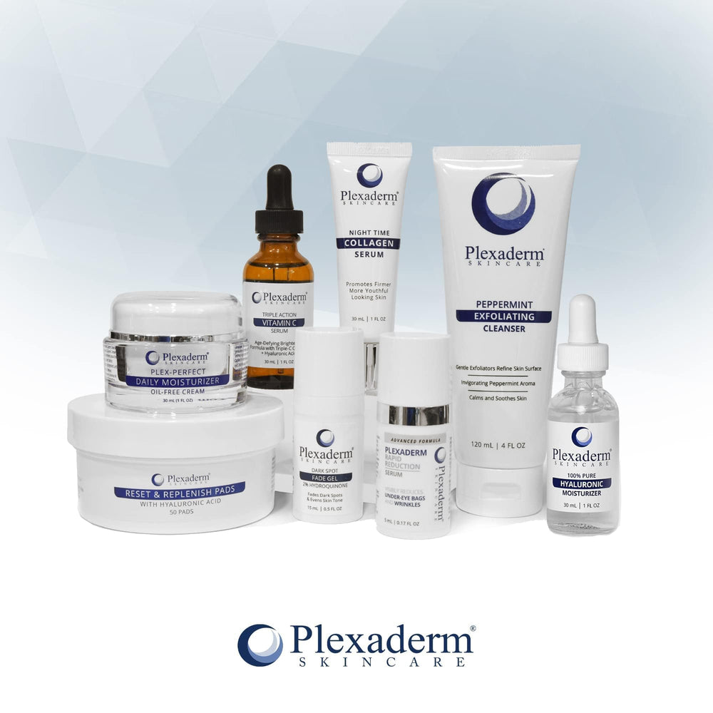 Plexaderm Night Time Collagen Serum ingredient visuals highlight peptides and hyaluronic acid.