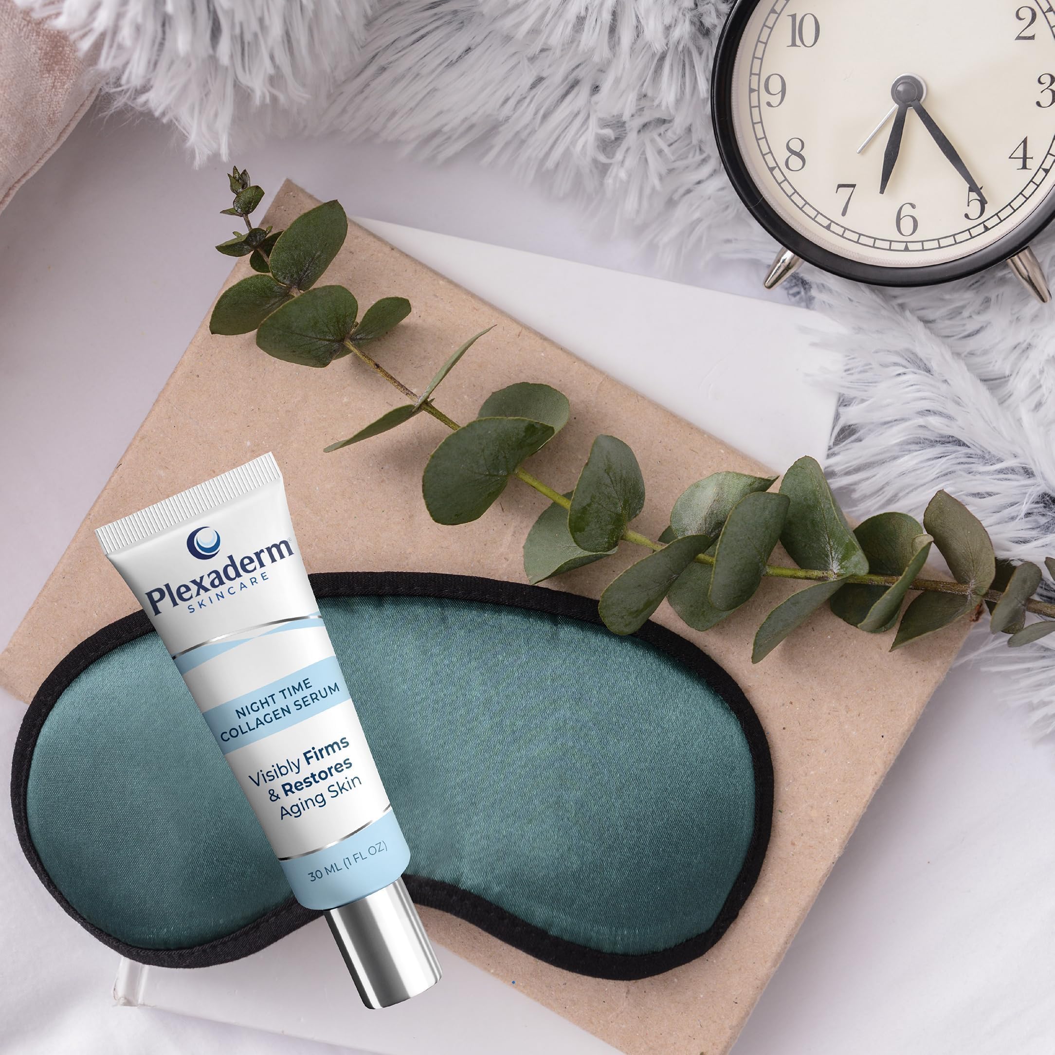 Plexaderm Night Time Collagen Serum night routine image suggests gradual benefits.