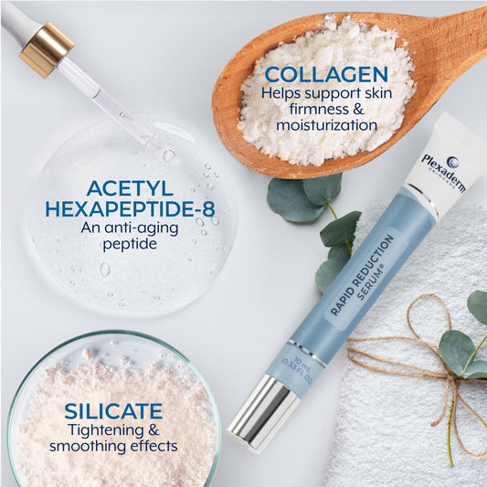 Plexaderm Rapid Reduction Eye Serum being dabbed on for easy application.