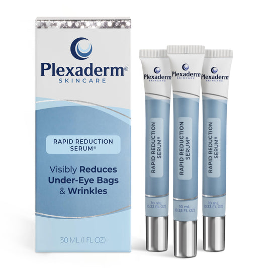 Plexaderm Rapid Reduction Eye Serum bottle close-up for quick under-eye tightening.