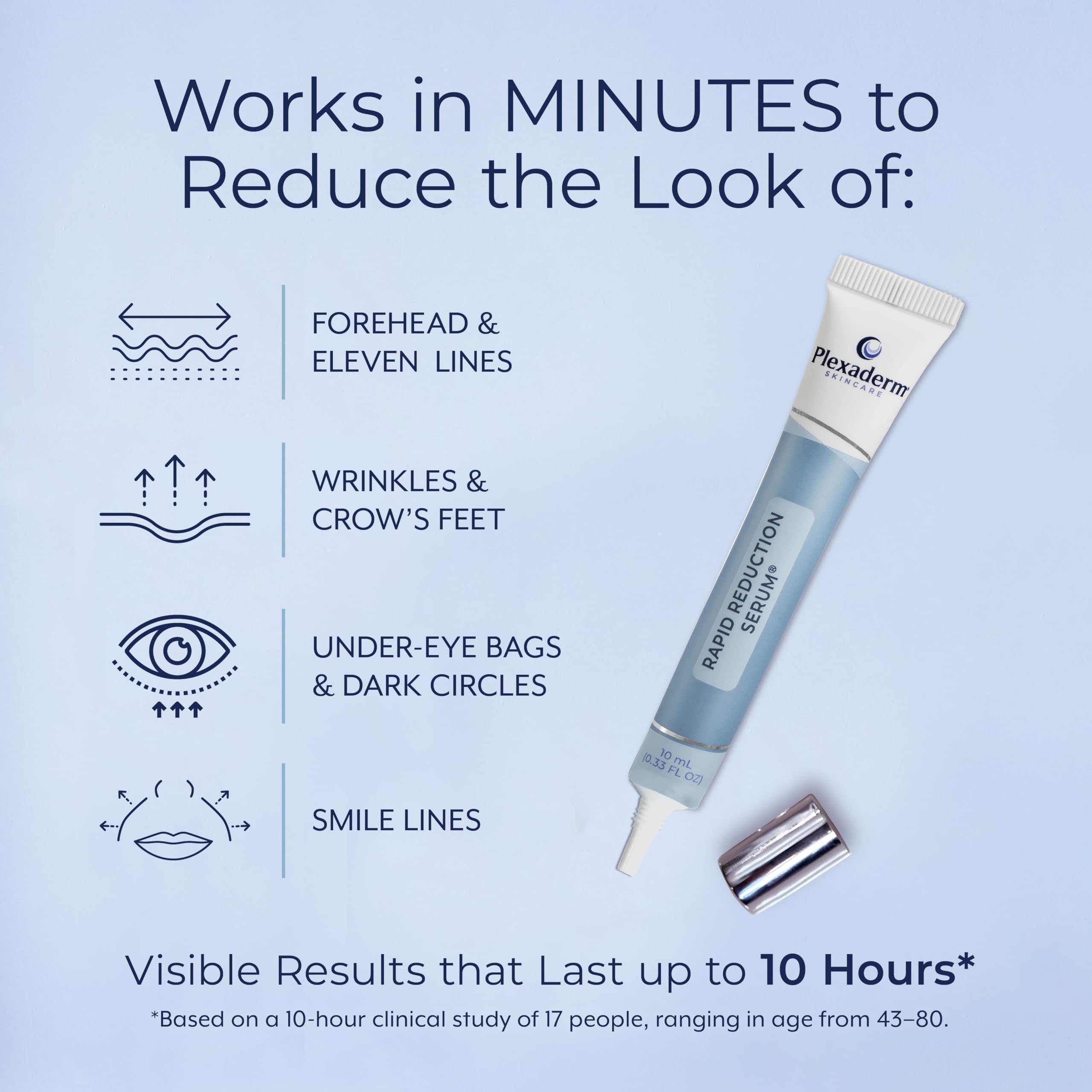 Plexaderm Rapid Reduction Eye Serum on under-eye area smooths fine lines.