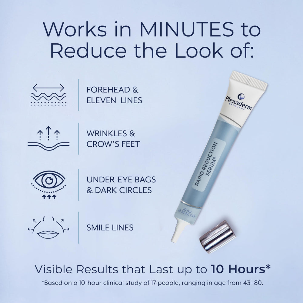 Plexaderm Rapid Reduction Eye Serum on under-eye area smooths fine lines.