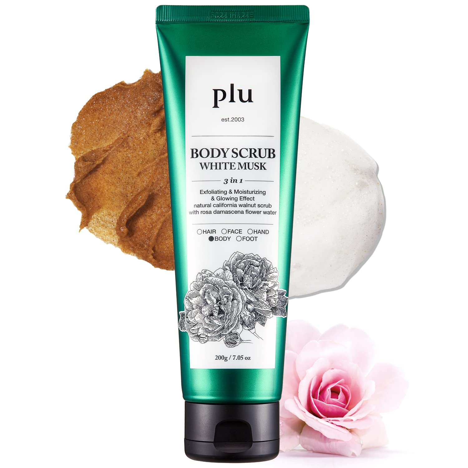 PLU Original Walnut Scrub front jar showing premium exfoliation and hydration