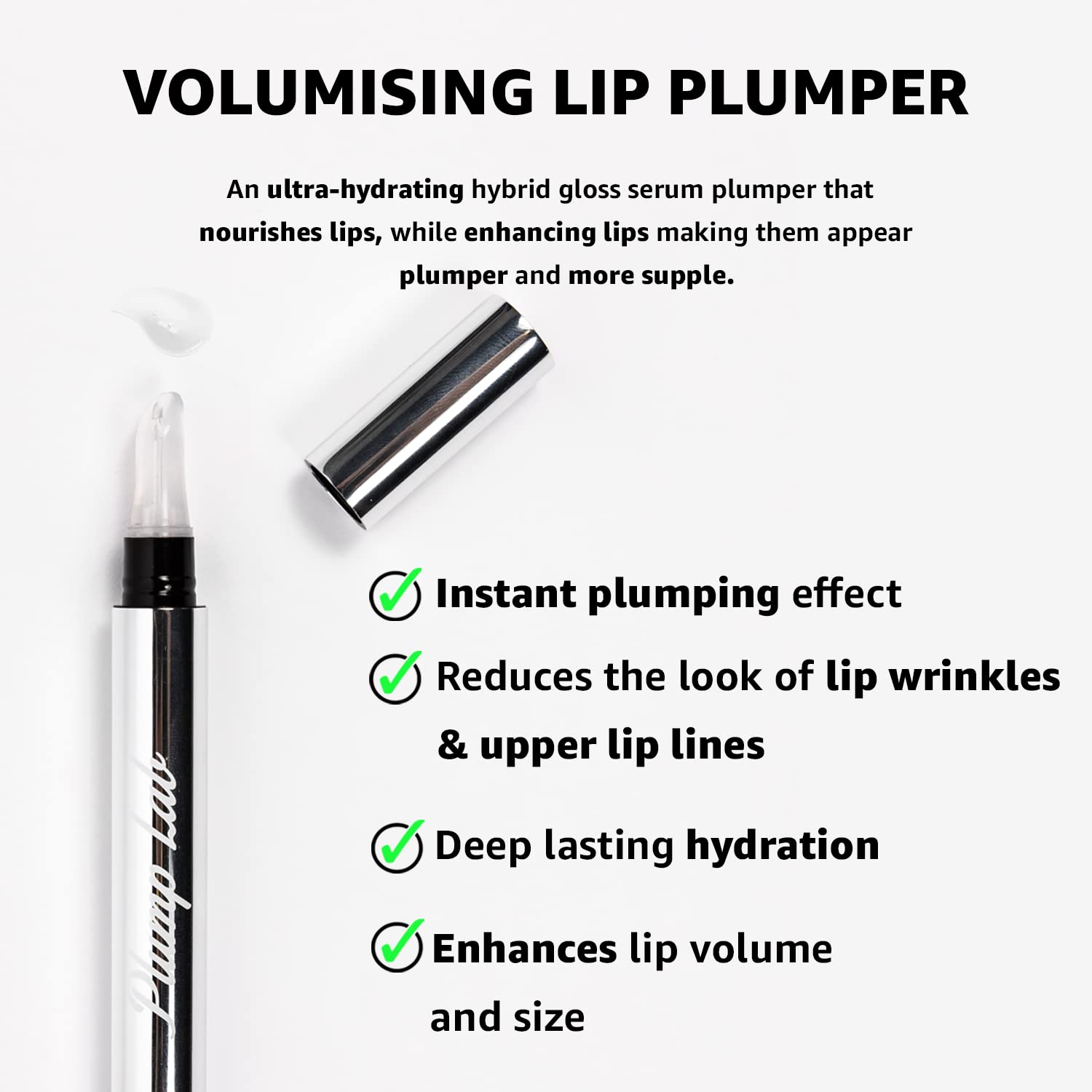 Plump Lab lip plumper gloss applied to lips for instant definition.
