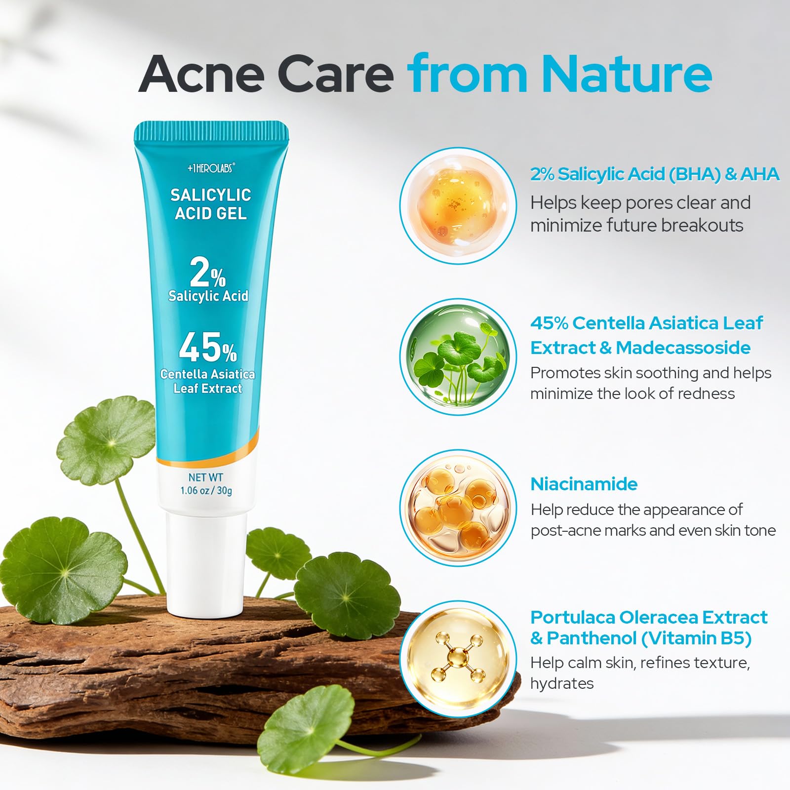 Plus1Herolabs centella extract visual highlights calming, balancing potential for sensitive skin.