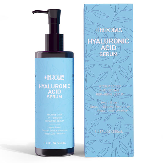 +1HEROLABS Hyaluronic acid serum bottle delivering deep hydration for face and neck.
