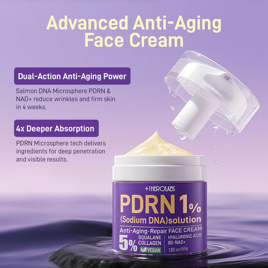 Plus OneHerolabs PDRN cream bottle on vanity emphasizes hydration