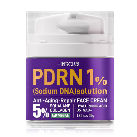 Plus OneHerolabs PDRN cream jar close-up showing firming benefits