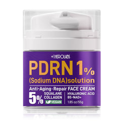 Plus OneHerolabs PDRN cream jar close-up showing firming benefits