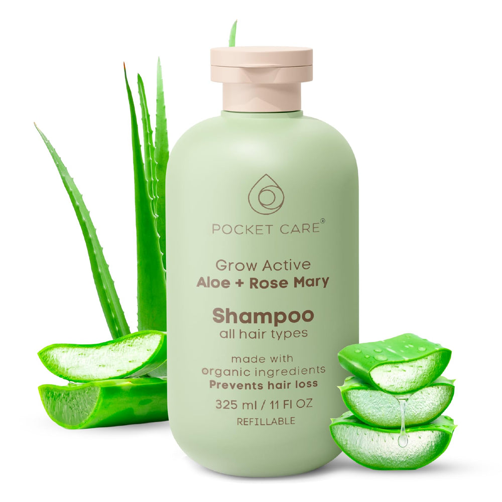 PocketCare Organic Shampoo bottle pour demonstrates smooth application and invigorating aroma.