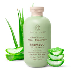 PocketCare Organic Shampoo bottle pour demonstrates smooth application and invigorating aroma.